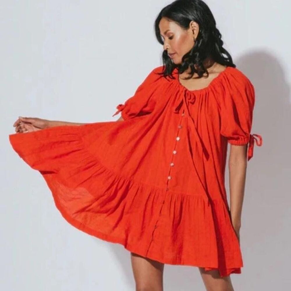 Cleobella Red Organic Cotton Mini Dress M Peasant Puff Sleeve Boho Cottagecore